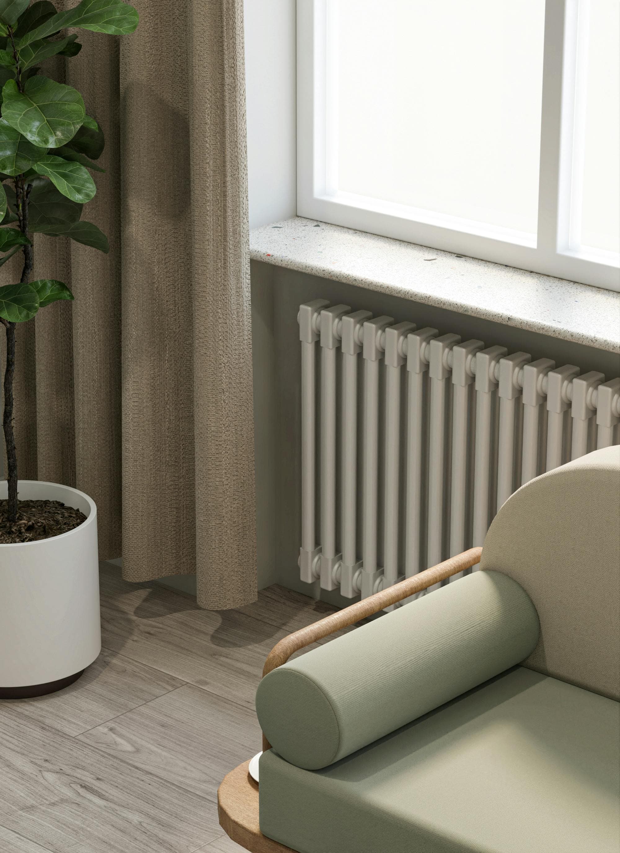 Pencere önünde yer alan temiz ve modern panel radyatör
